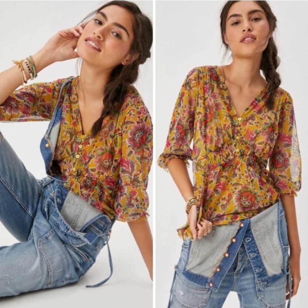 Anthropologie Gretchen V-Neck Floral Smocked Mesh Tunic Top XS Yellow Pink Boho - Picture 2 of 8
